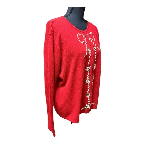 Emma James Red Holiday Cardigan, embellished style ribbon/bead floral designs - Picture 4 of 7